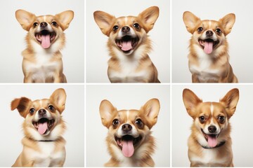Collage set of 6 dogs portraits with different emotions. White background. funny dog face expression