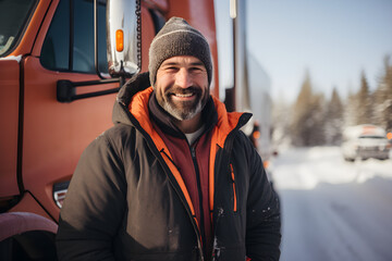 Winter Truckin' - Smiling Portrait of a Middle-Aged Caucasian Truck Driver - obrazy, fototapety, plakaty