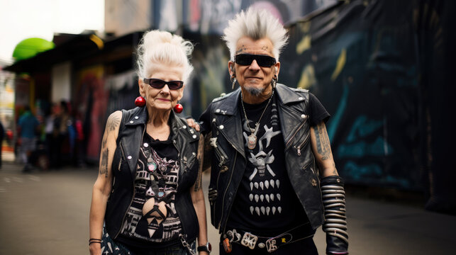 old punkers posing with their spiked hair, tattoos and piercings