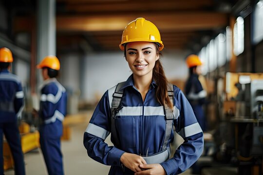 Maintenance engineer women wearing uniform and safety hard hat on factory station