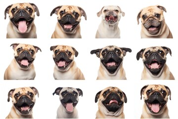 Collage set of dogs portraits with different emotions. White background. funny dog face expression