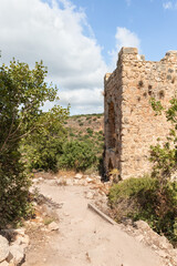 Fototapeta na wymiar The remains of lower watchtower in ruins of residence of the Grand Masters of the Teutonic Order in the ruins of the castle of the Crusader fortress located in the Upper Galilee in northern Israel