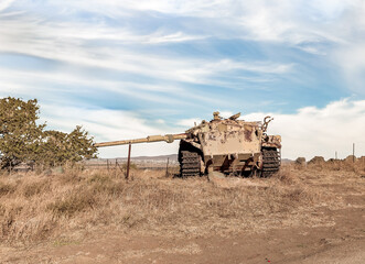 The remains  of Israeli tank destroyed during Yom Kippur War in the Valley of Tears near the border...