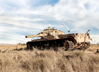 Fototapeta premium The remains of Israeli tank destroyed during the Yom Kippur War in Valley of Tears near border with Syria on Golan Heights in northern Israel