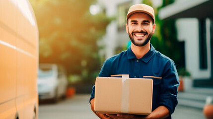 photo of a delivery person smiling while handling a box