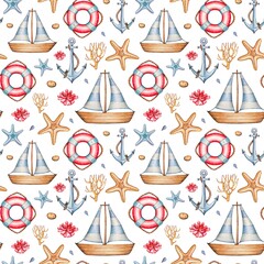 Marine seamless pattern with lifebuoy, ships, ship anchors, starfish. Sea watercolor