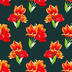 Floral seamless pattern with red tulips on a green background, watercolor