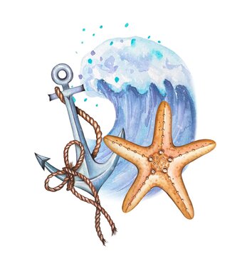 Sea composition with anchor, starfish and wave. Watercolor