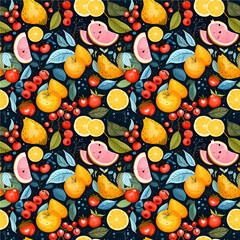 Fototapeta na wymiar Seamless of Hand drawn, water color, dark background, abstract artistic cute fruits, berry, pattern, Collage playful contemporary print. Fashionable template for design