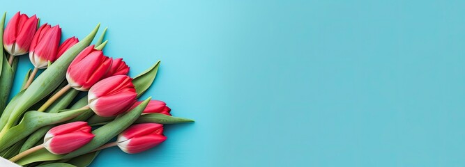 Bouquet of red tulip on blue Background. Top view with copy space. valentine day