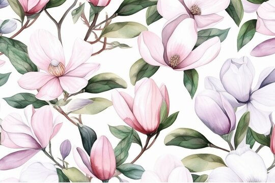 A seamless watercolor pattern of magnolia flowers blooming in spring, isolated on a white background. Generative AI