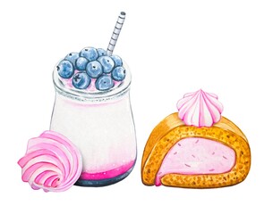 Blueberry drink and sweet piece of roll with pink cream .Watercolor sweets.