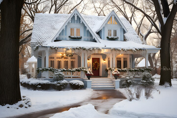 Festive House with Snow-Covered Christmas Decorations