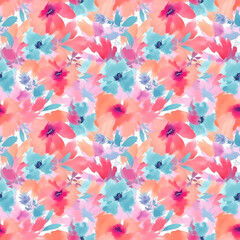 Fototapeta na wymiar Seamless pattern of floral with pink blue and orange background, looking like unfinished watercolors, perfect for textiles and decoration, fashionable print for textiles, wallpaper and packaging