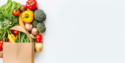 Fototapeta na wymiar Healthy food in paper bag vegetables and fruits on white background.