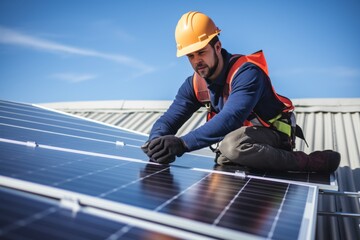 A worker installing solar panel on a roof - obrazy, fototapety, plakaty