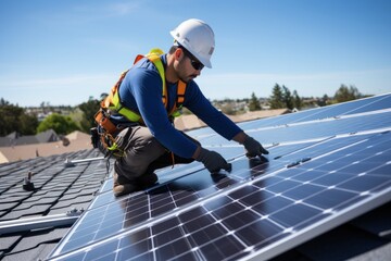 A worker installing solar panel on a roof