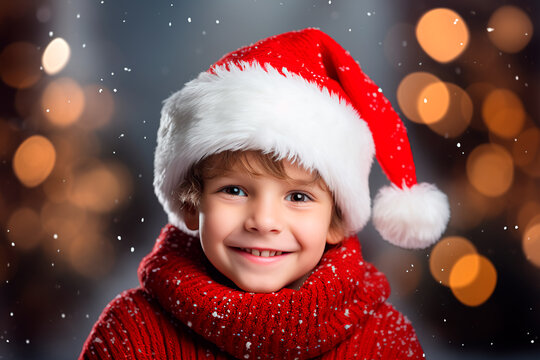 Portrait of a cheerful child in a red Santa hat. Christmas photo.