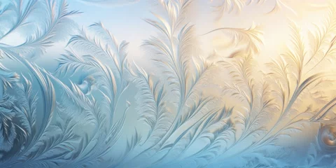 Garden poster Fractal waves Large futuristic patterns of frosty frost on glass in the rays of a winter dawn