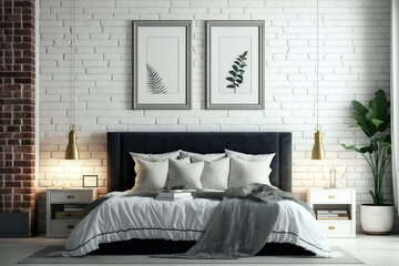 Two prototype horizontal poster frames hang above the bed on the bedroom's white brick wall....