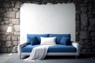A white empty mockup against a stone wall above a comfy blue sofa with a flowing bedspread. Generative AI