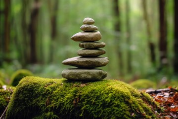 Pyramid stones balance on old mossy fallen tree.