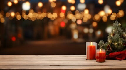 christmas decoration on wooden table, mock up background