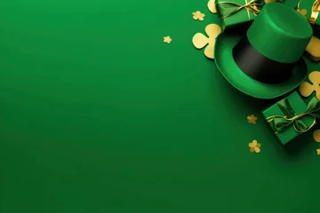 Poster St Patrick's Day concept. leprechaun headwear gift boxes pot with gold coins. © AbGoni