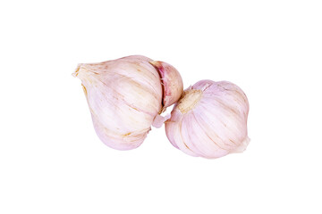 Obraz premium Garlic bulb isolated on cut out PNG. Set with clipping path. It is Thai herbal plant and a type of spice vegetable family. It is often added to many types of food. Purple garlic bulb collection.