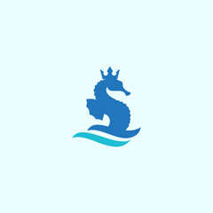 king seahorse logo design. Vector illustration of blue seahorse, crown and wave. modern logo design vector icon template © ammera