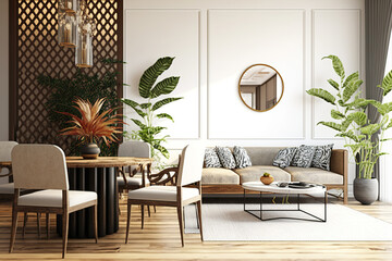 depiction of a living and dining room interior in a modern room with a tropical theme. Generative AI