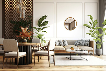 depiction of a living and dining room interior in a modern room with a tropical theme. Generative AI