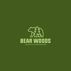 simple bear and spruce tree line art logo design.  icon template vector illustration design. minimalist grizzly and spruce logo concept