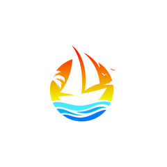 sailing yacht logo design. Vector illustration of sailing yacht, boat, wave and sunset. modern logo design vector icon template