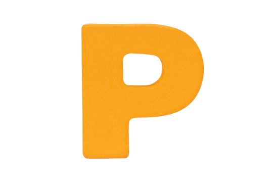 English alphabet letter uppercase "P" Isolated on cutout PNG. Wooden jigsaw light orange tangram puzzle as shape "P". English. it is universal language used in learning education for children.	