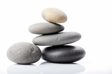 Fototapeta na wymiar Smooth grey stones balanced in a stack with sea pebbles, isolated on white background. Generative AI