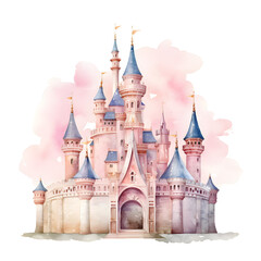 Fairy Tales watercolor painting. castle in pastel color.