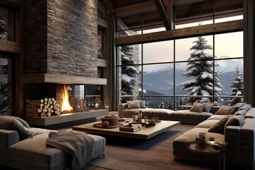 Design a cozy and inviting ski lodge interior for a winter getaway