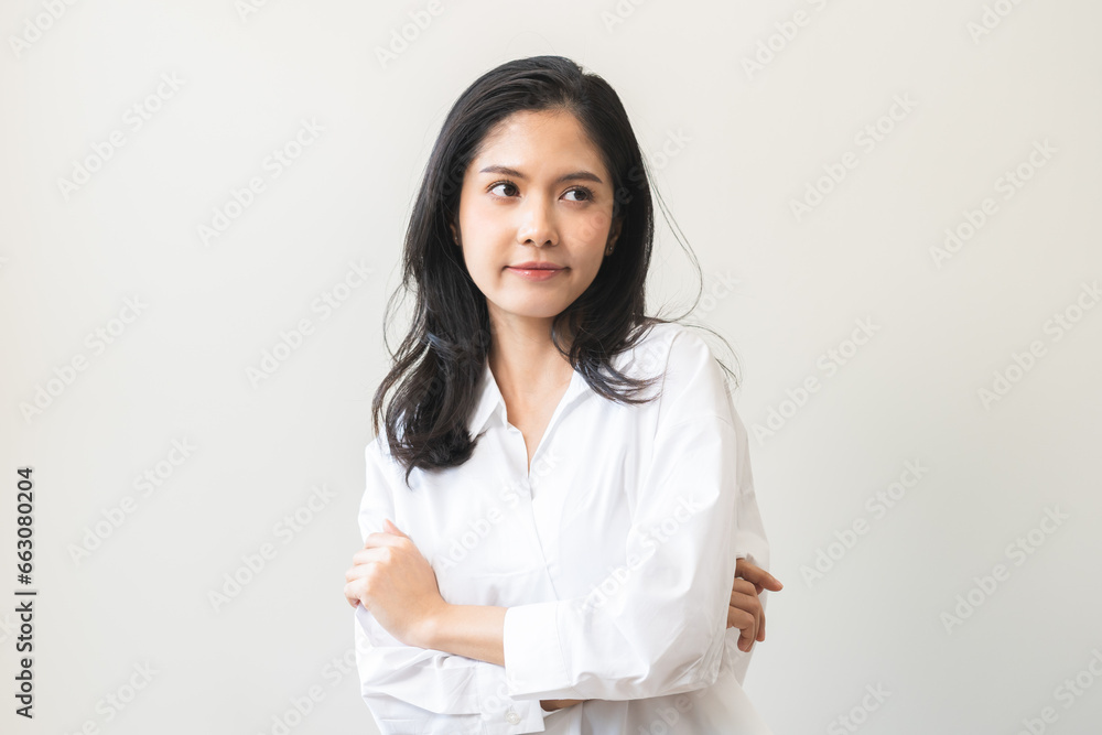 Wall mural Portrait of thoughtful asian young woman expression face emotion dull looking away in white shirt casual, adult female thinking creative, thinks about future person, isolated on white background.