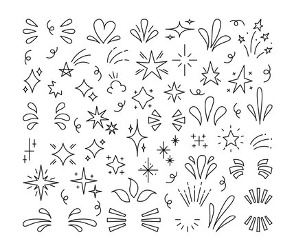 Embellishment for Lettering Editable Stroke. Cute Line Art Doodle Decoration. Sketch Outline Design Elements, Stars, Swirls and Flourishes.