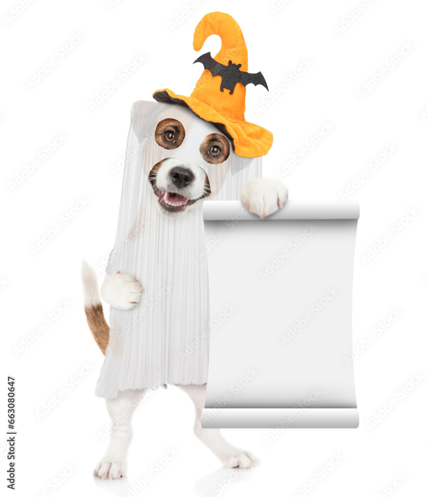 Poster jack russell terrier puppy dog celebrating halloween in ghost costume and showing empty list in it p