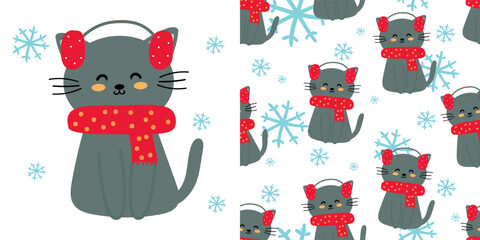 Hand drawn illustration and seamless pattern with cartoon cats wearing scarves winter and christmas elements