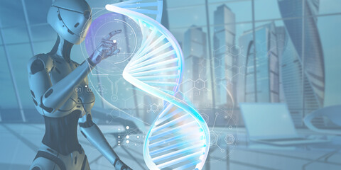 The work of artificial intelligence with DNA on a light blue background. 3D render.