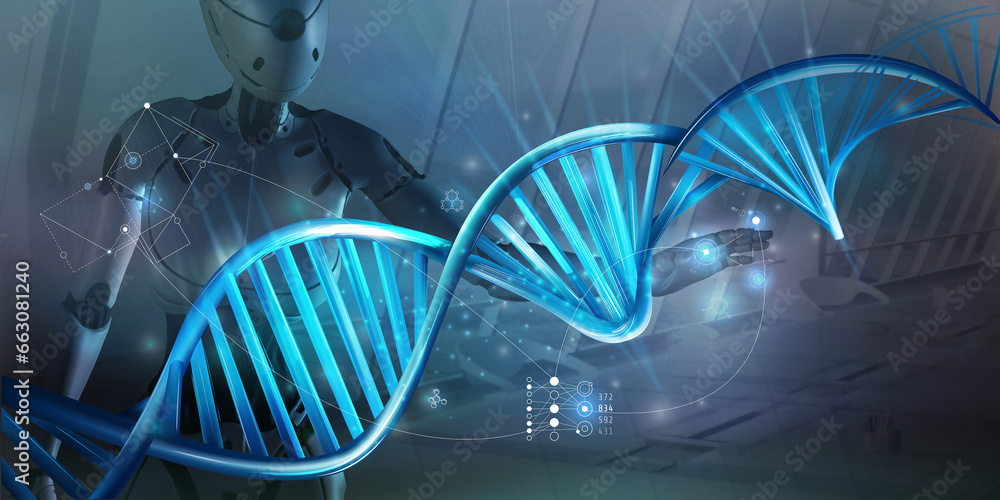 Poster the work of artificial intelligence with dna. 3d render.