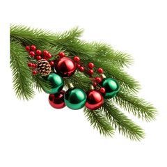 Christmas fir branch decoration, red and green balls isolated on transparent background