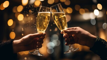 People raise champagne glasses to celebrate New Year and Christmas 2024