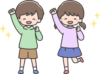 片手を挙げる笑顔の子どもたち