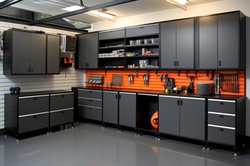 Design a modern and functional garage with storage solutions - obrazy, fototapety, plakaty