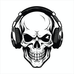 Skull with headset vector illustration. head of character in headphones black and white