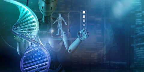 Artificial intelligence works with human DNA. 3D render.